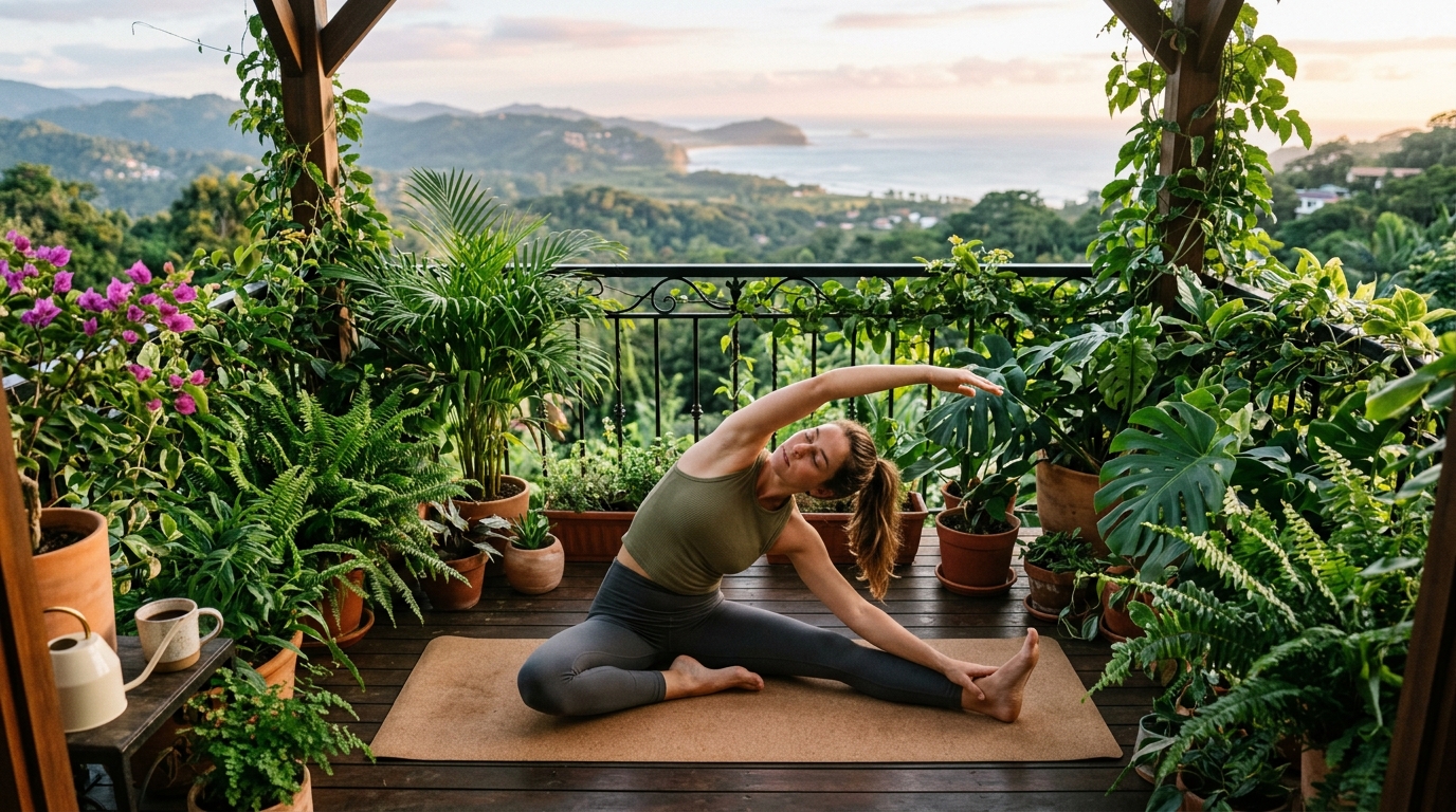 Žena cvičí ranné strečingy na balkóne obklopenom zeleňou